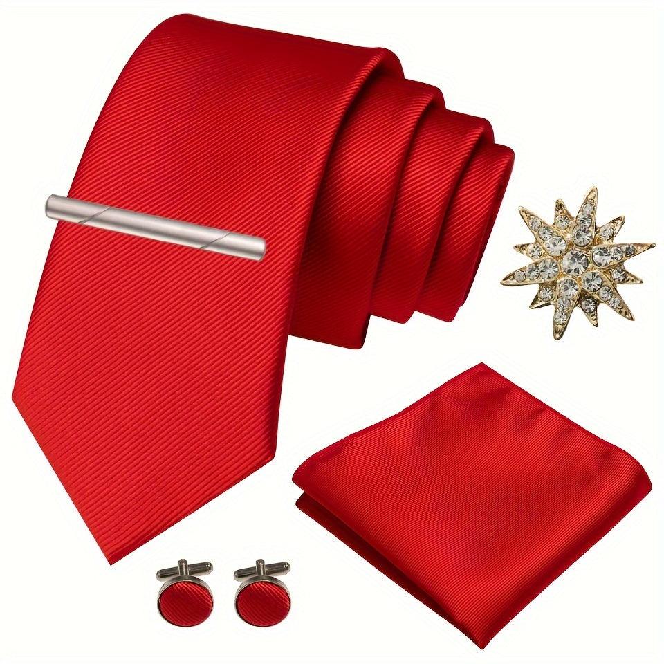 Erkaklar uchun satinning twill galstuk to'plami, galstuk klipi, cho'ntak sharlari, manşet o'rashlar va brosh uchun rasmiy tadbirlar