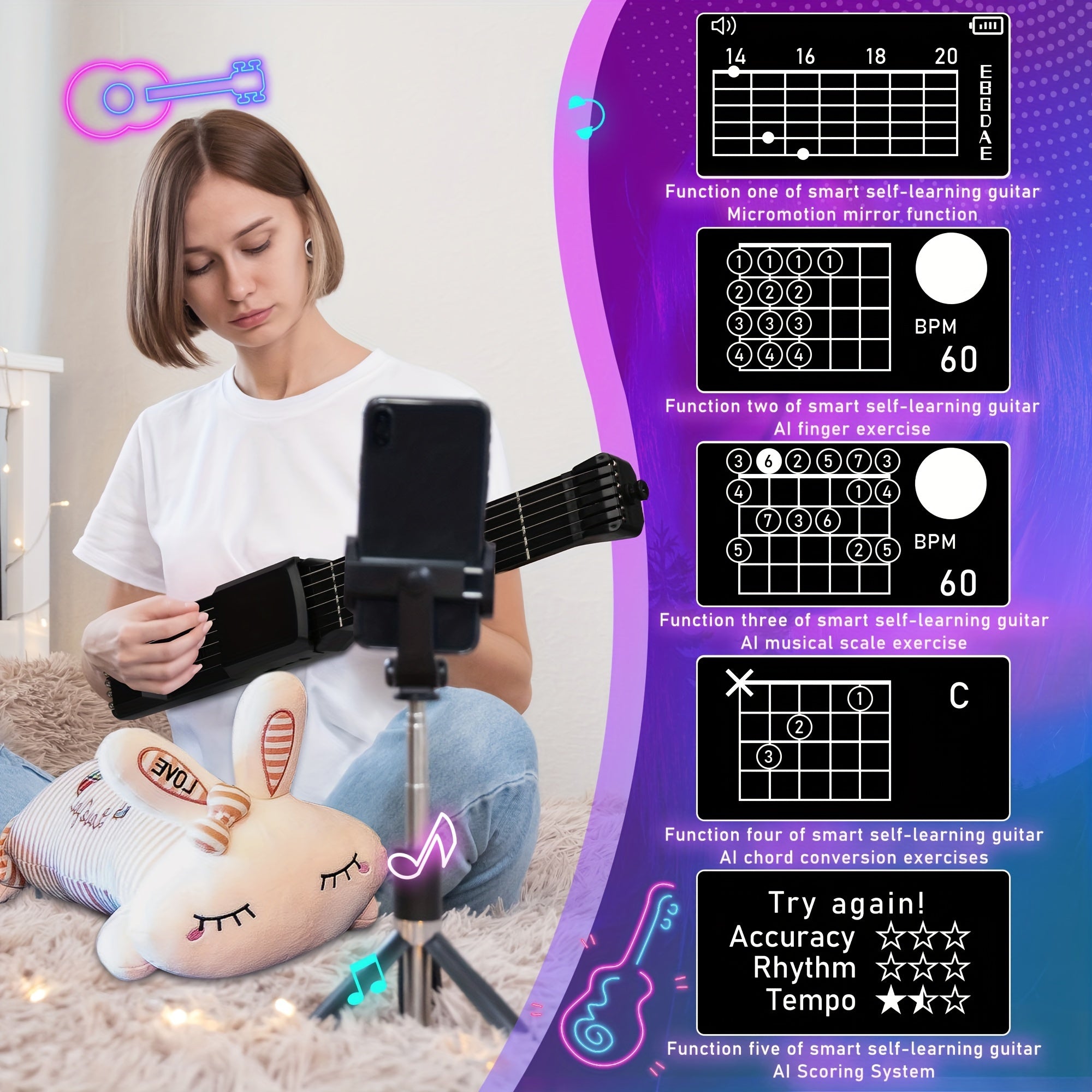 Electric Guitar with USB Charging, Portable Neck, White or Black