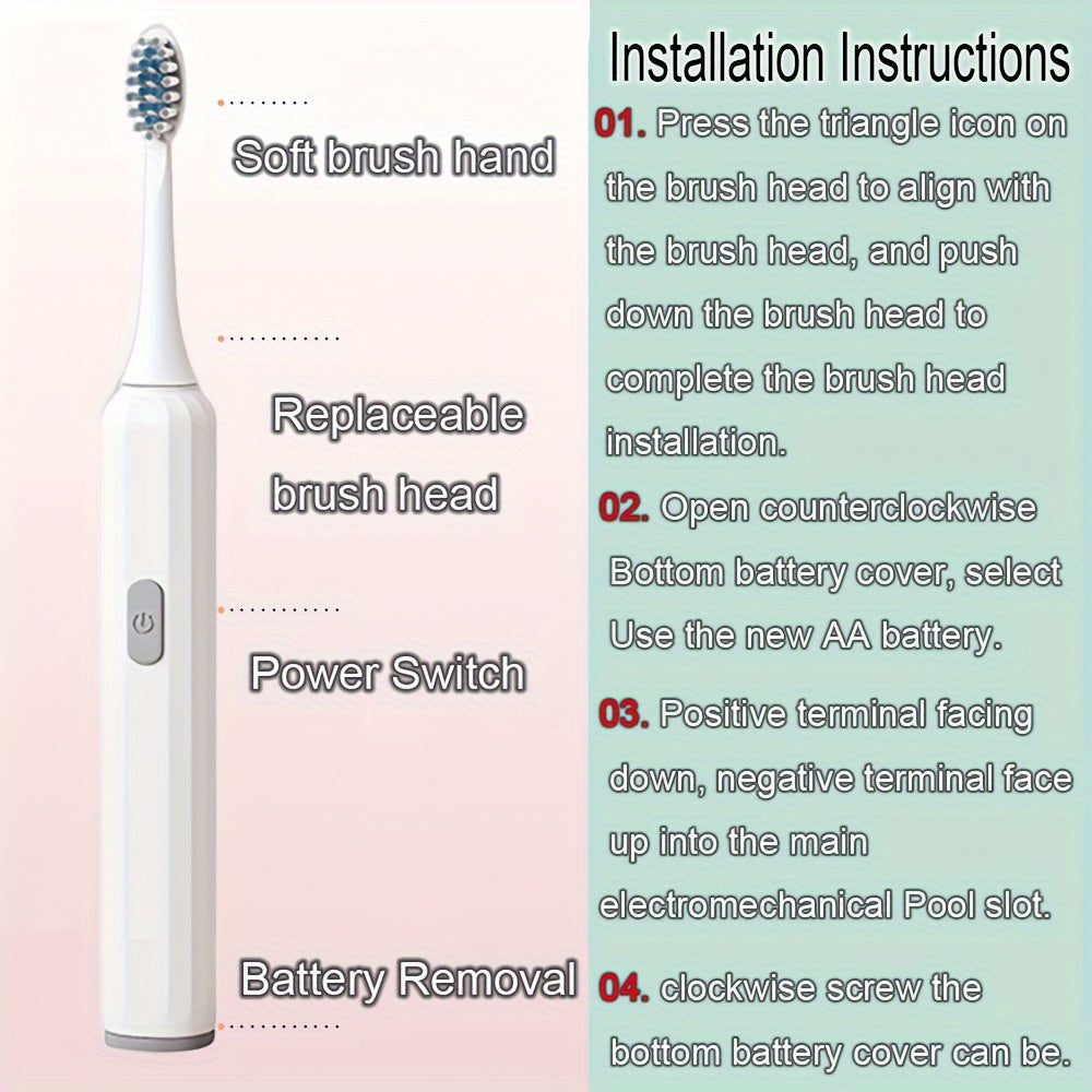 Uniseks AA batareyka bilan ishlaydigan elektr tish cho'tkasi, 6 ta o'rnini bosadigan boshlar bilan