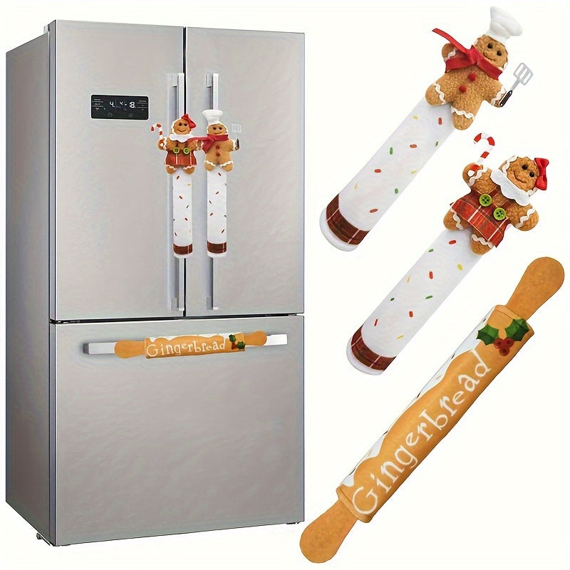 Set of Three Christmas Gingerbread Refrigerator Door Handle Covers Kitchen Decor