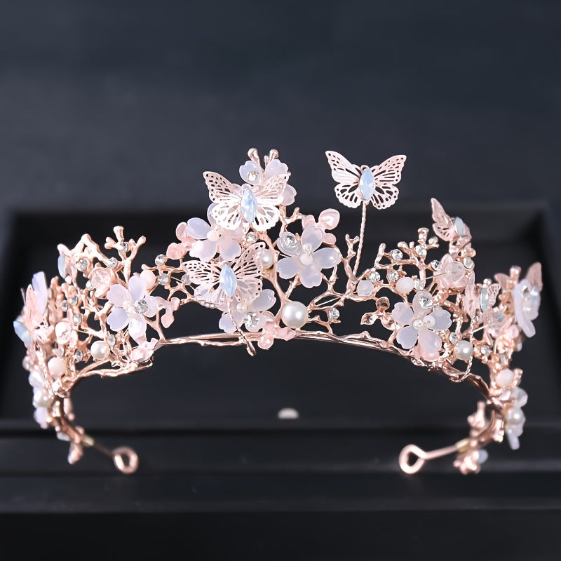 Bridal Floral Crown with Pearls Rhinestones Butterfly Wedding Hair Accessory