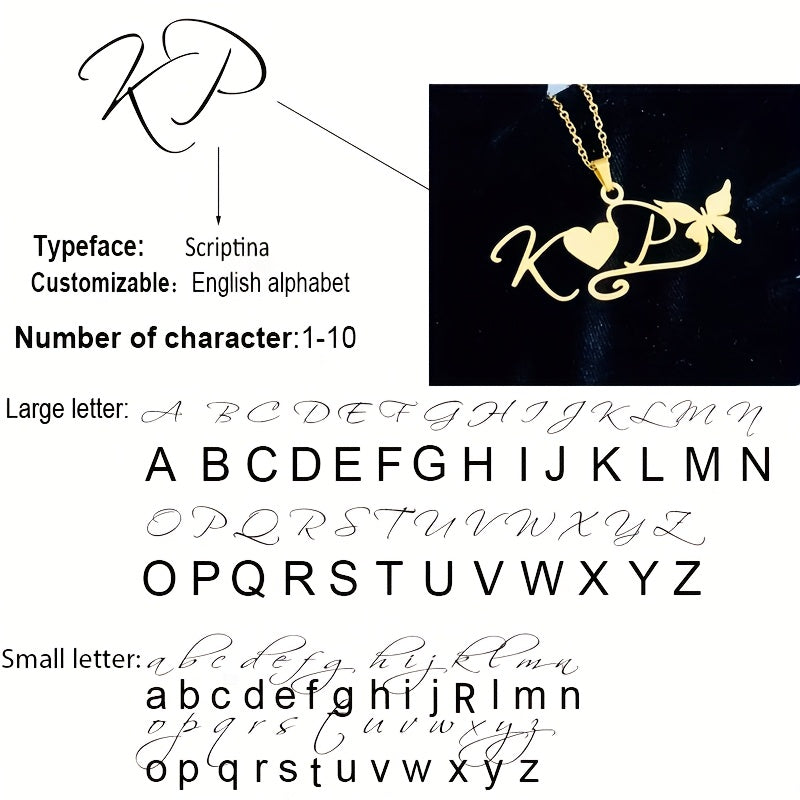 Gold Plated Butterfly Name Necklace for Women Stainless Steel Removable Heart Pendant Jewelry