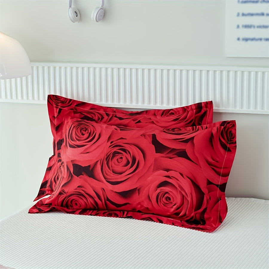 Set of 3 Red Rose Print Duvet Covers Bedding Set with Pillowcases for All Seasons