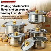 Set of 10 Stainless Steel Soup Pots with Gold Handles, Durable Cookware
