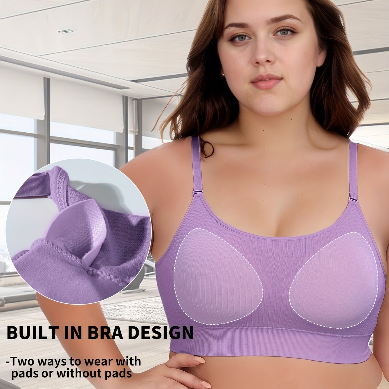 Women's Seamless Padded Yoga Sports Bra with Adjustable Straps Purple