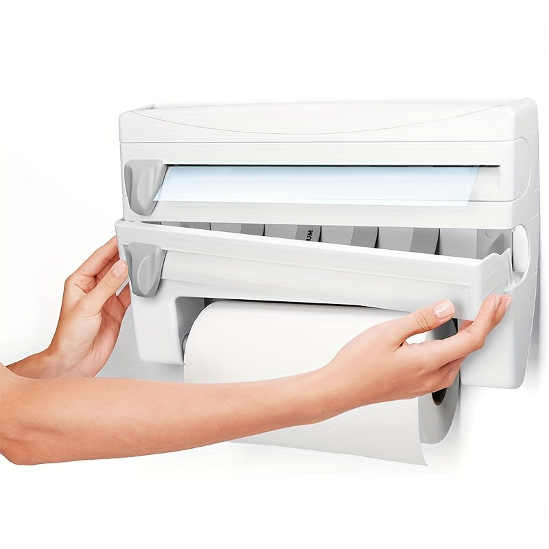 Organizador de cocina de pared con dispensador de film transparente y portarrollos de papel plástico