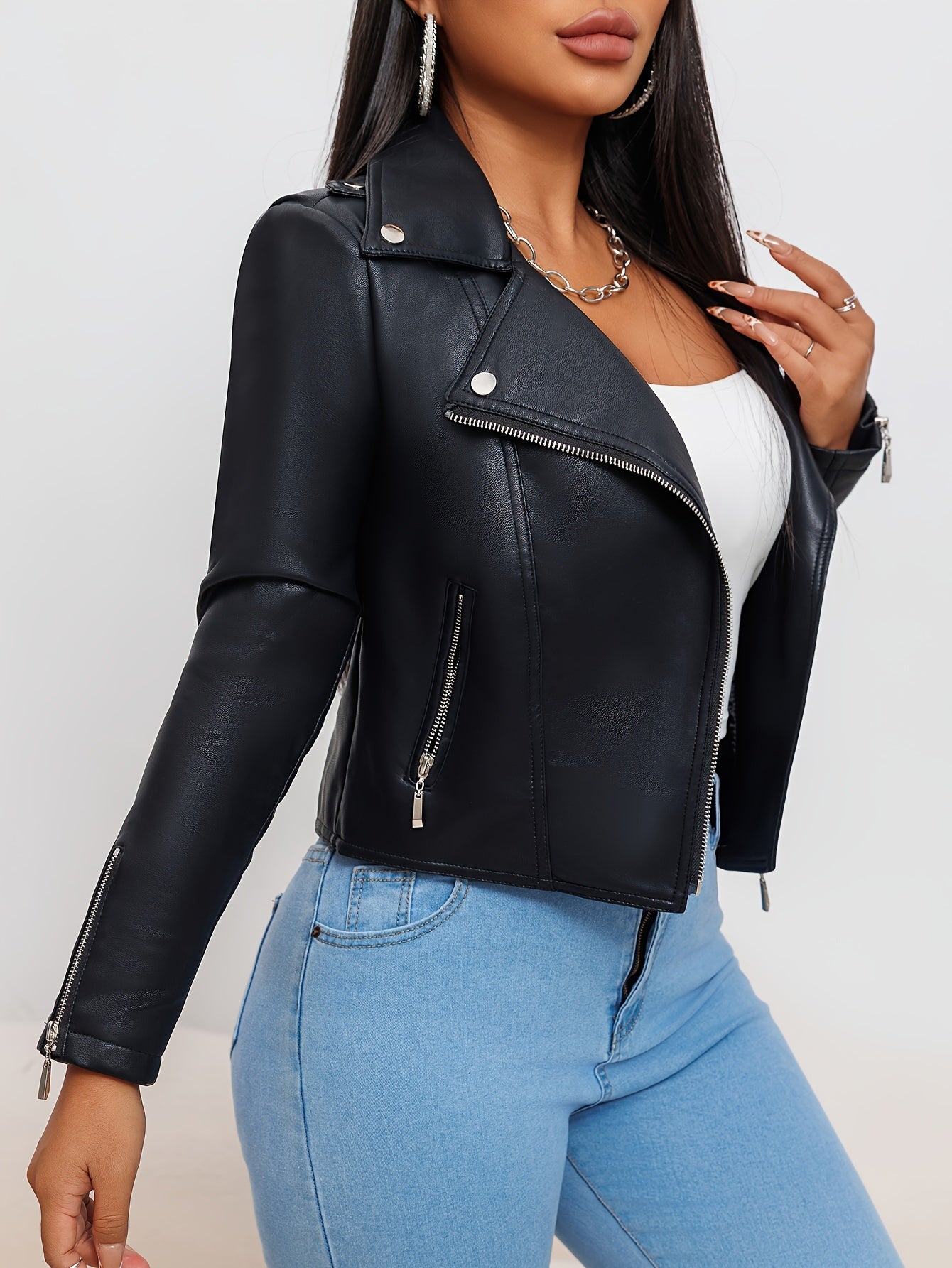 Women's Faux Leather Biker Jacket Slim Fit Solid Color Zipper Front Long Sleeve Spring Autumn