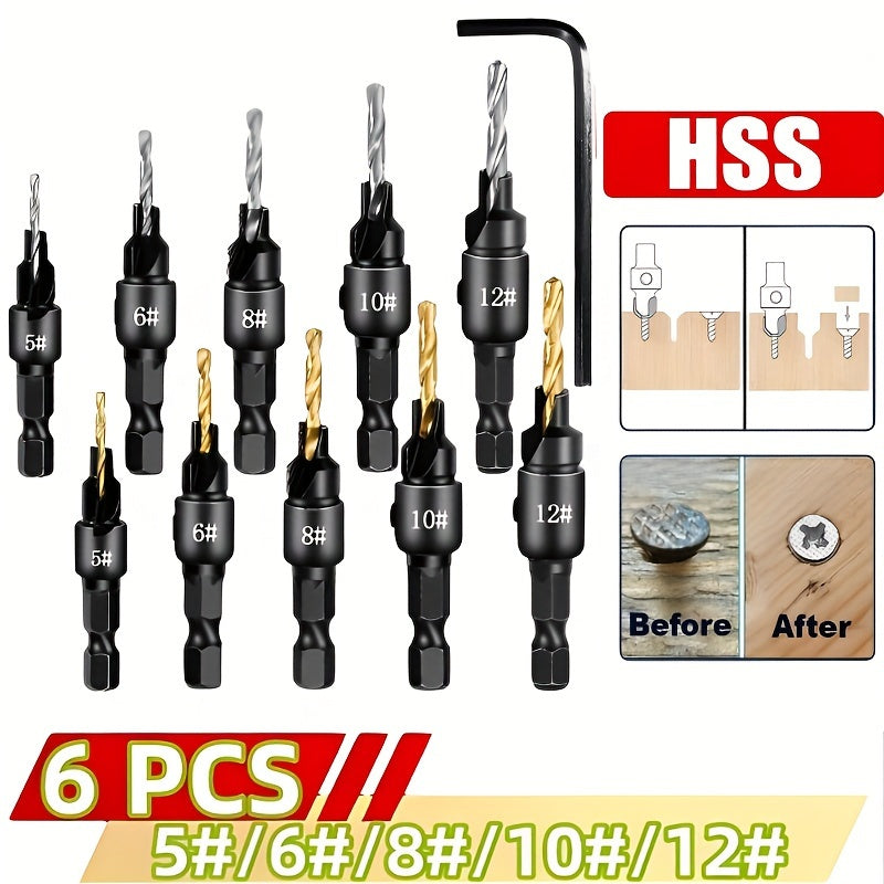 Woodworking Drill Bit Set 6 Pieces Countersink Hand Tool Kit