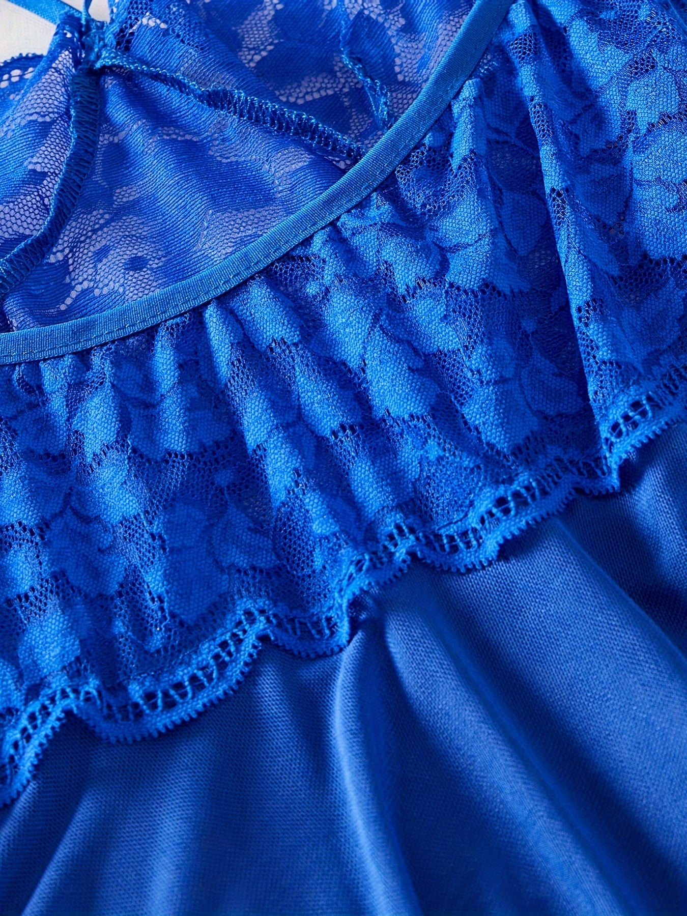 Women’s Lace V Neck Backless Dress with Thong and Leaf Embroidery