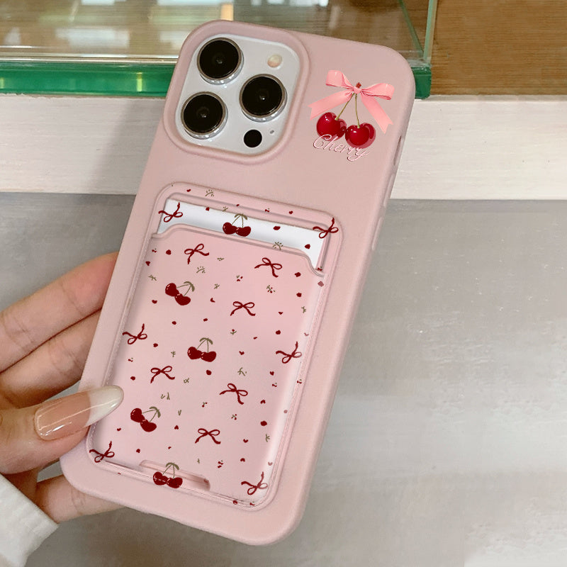 Fundas para teléfono con cerezas y lazo con tarjetero para iPhone 11 12 13 14 15 16 a prueba de golpes de TPU