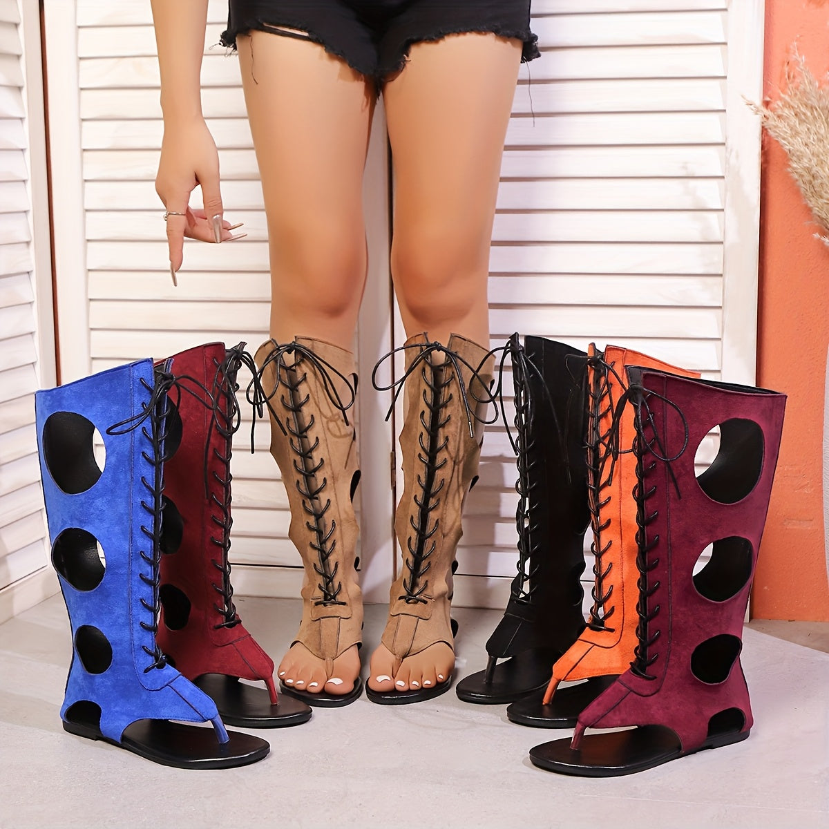 Women's Mid-Calf Leather-Style Lace-Up Open Toe Ankle Boots Casual Dressy