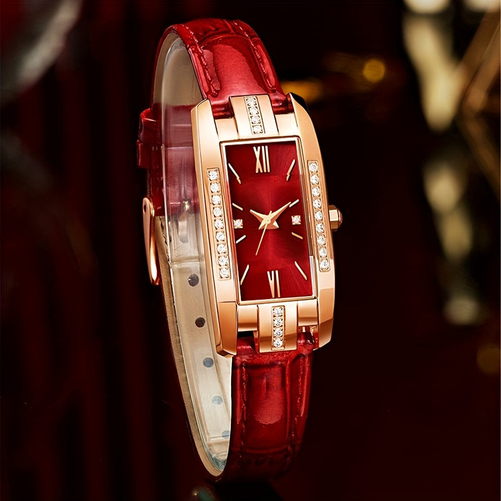 Женские прямоугольные аналоговые кожаные наручные часы с rhinestones, 2 шт.