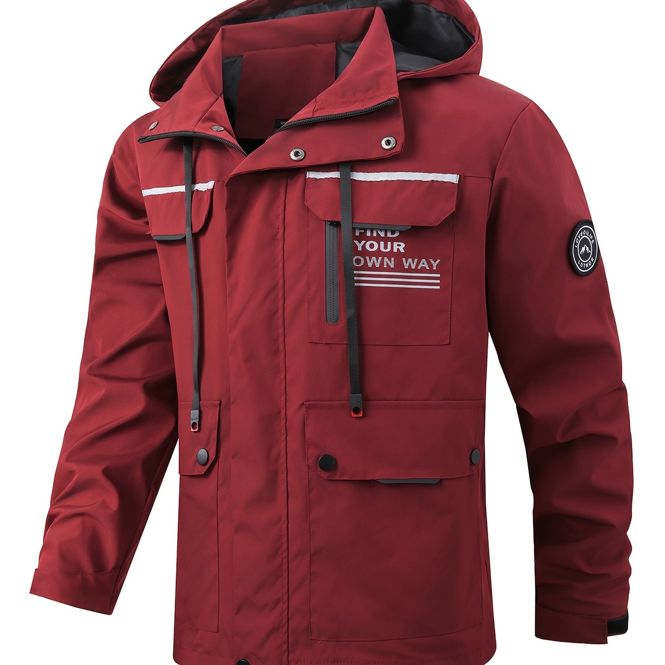 Shamol o'tkazmaydigan erkaklar uchun ochiq havoda kiyiladigan jaket, ajratiladigan kaput, ko'p cho'ntakli dizayn, mashinada yuvish mumkin bo'lgan polyester, kuz va qish uchun kollej uslubi, katta o'lcham.