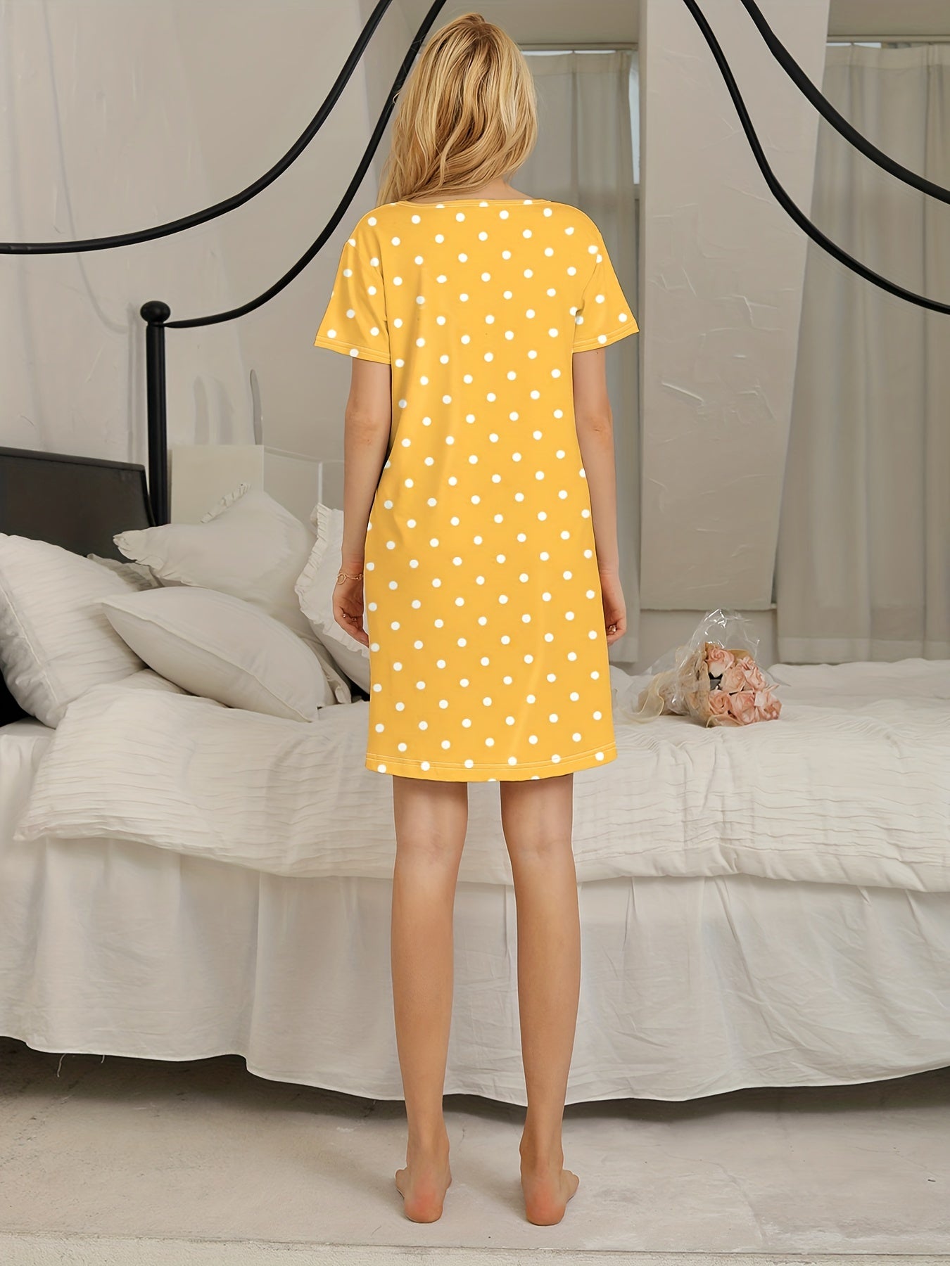 Pink Polka Dot Women's Nightgown Short Sleeve Round Neck Summer Sleep Dress Polyester Elastane