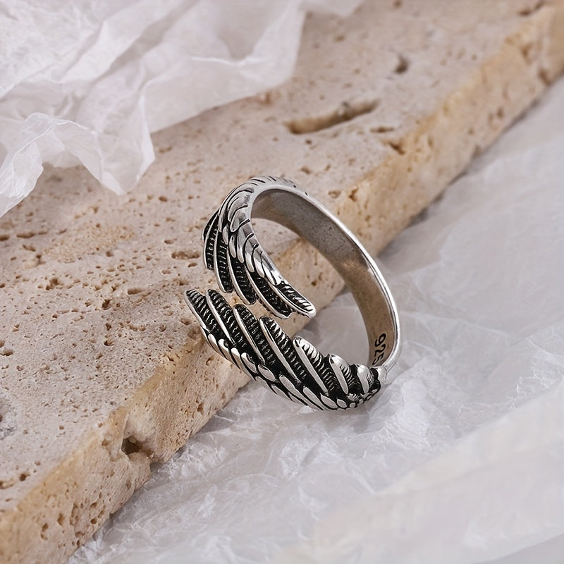 Anillo ajustable con ala de pluma para mujer, plata de ley, joyería boho para uso diario y vacaciones