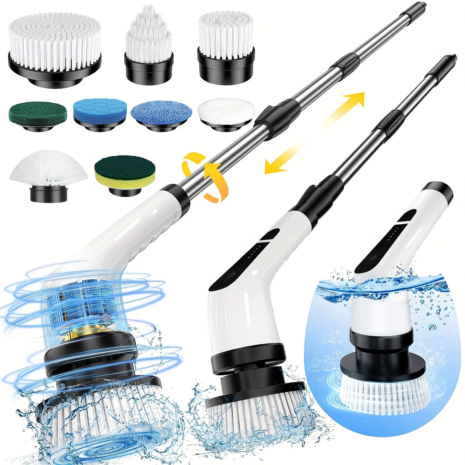 9-in-1 Electric Rotary Cleaning Brush with Extendable Stainless Steel Handle and Interchangeable Heads
