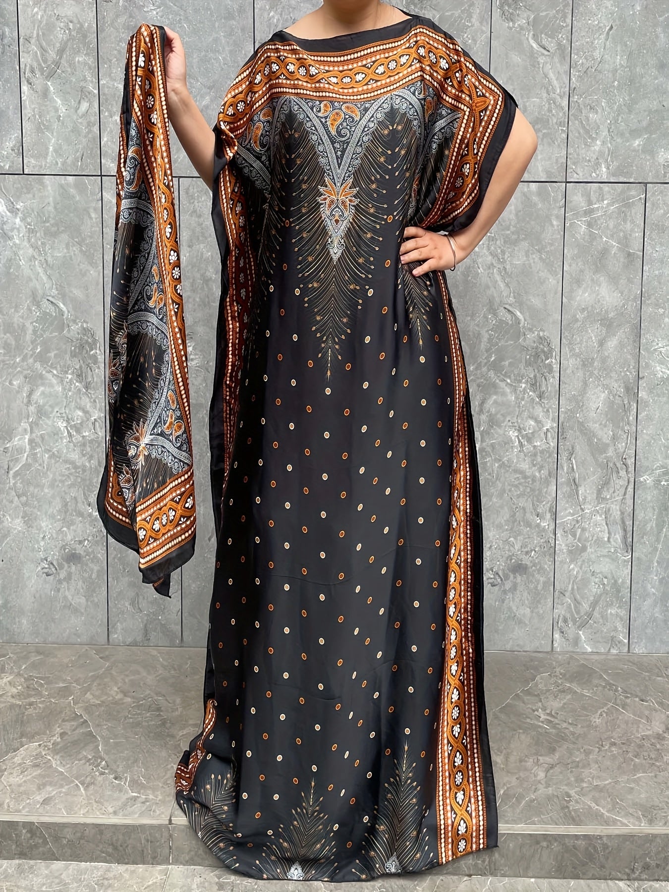 Plus Size Floral Kaftan Dress Longline Batwing Sleeve Lightweight Polyester