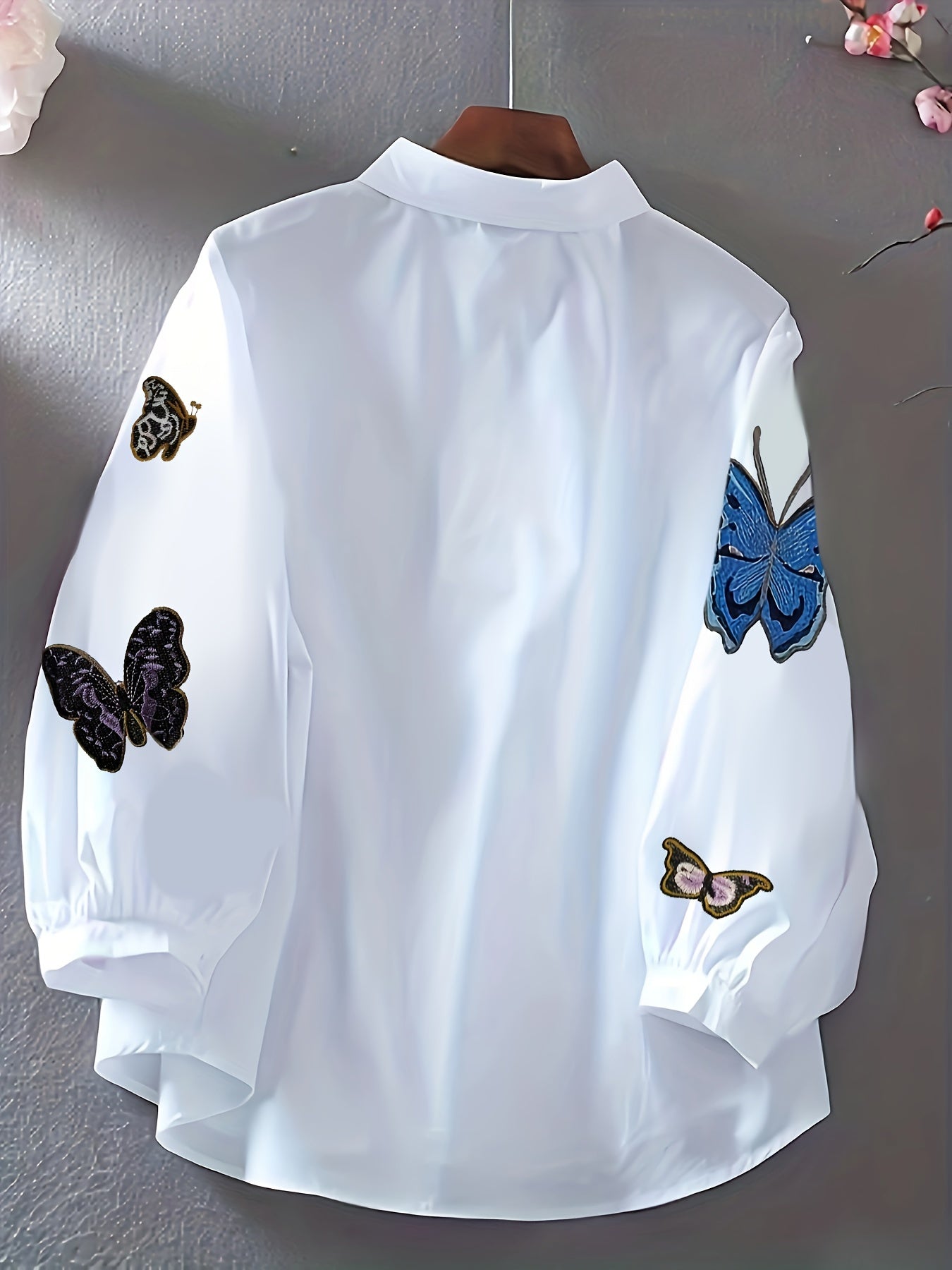 Women's Long Sleeve Butterfly Print Shirt for Spring Summer Polyester Embroidered Elegant