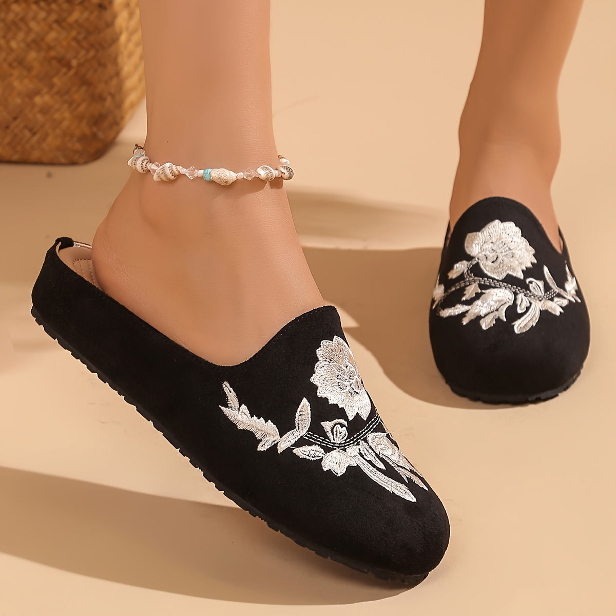 Women's Embroidered Floral Flannel Mules with Rubber Sole All-Season Flats