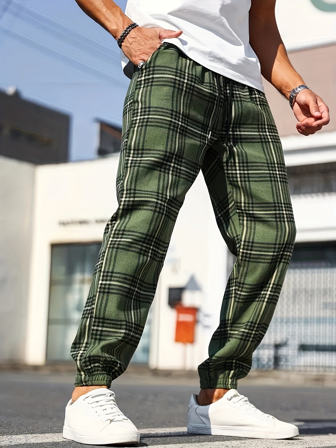 Men's Plus Size Plaid Jogger Pants with Drawstring Casual Sportswear