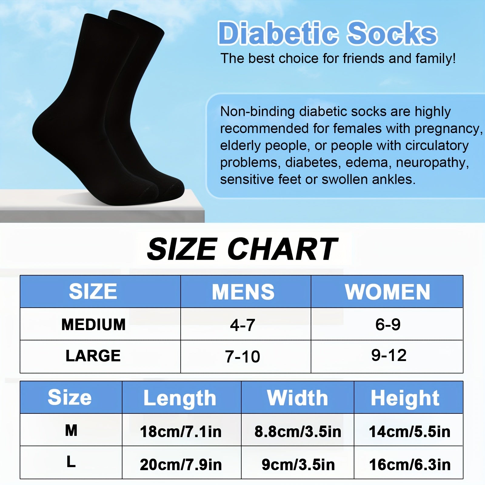 6-Pack Breathable Cotton Polyester Diabetic Socks Odor-Free Machine Washable