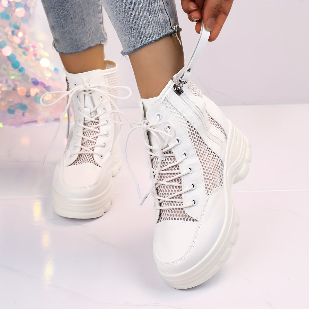 Women's Mesh Summer High Heel Booties with Side Zipper and Hollow Design