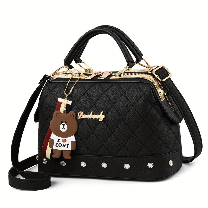 Women's Black Quilted Shoulder Bag with Bear Charm and Detachable Strap