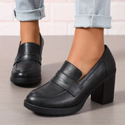 Women Slip-On High Heels Brown Faux Cover Round Toe Block Heel