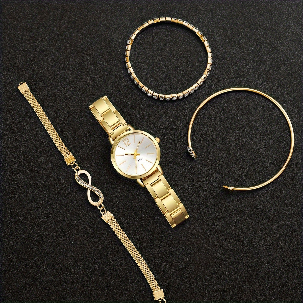 Women's Quartz Watch Set with Zinc Alloy Dial and Matching Bracelet 4 Pieces
