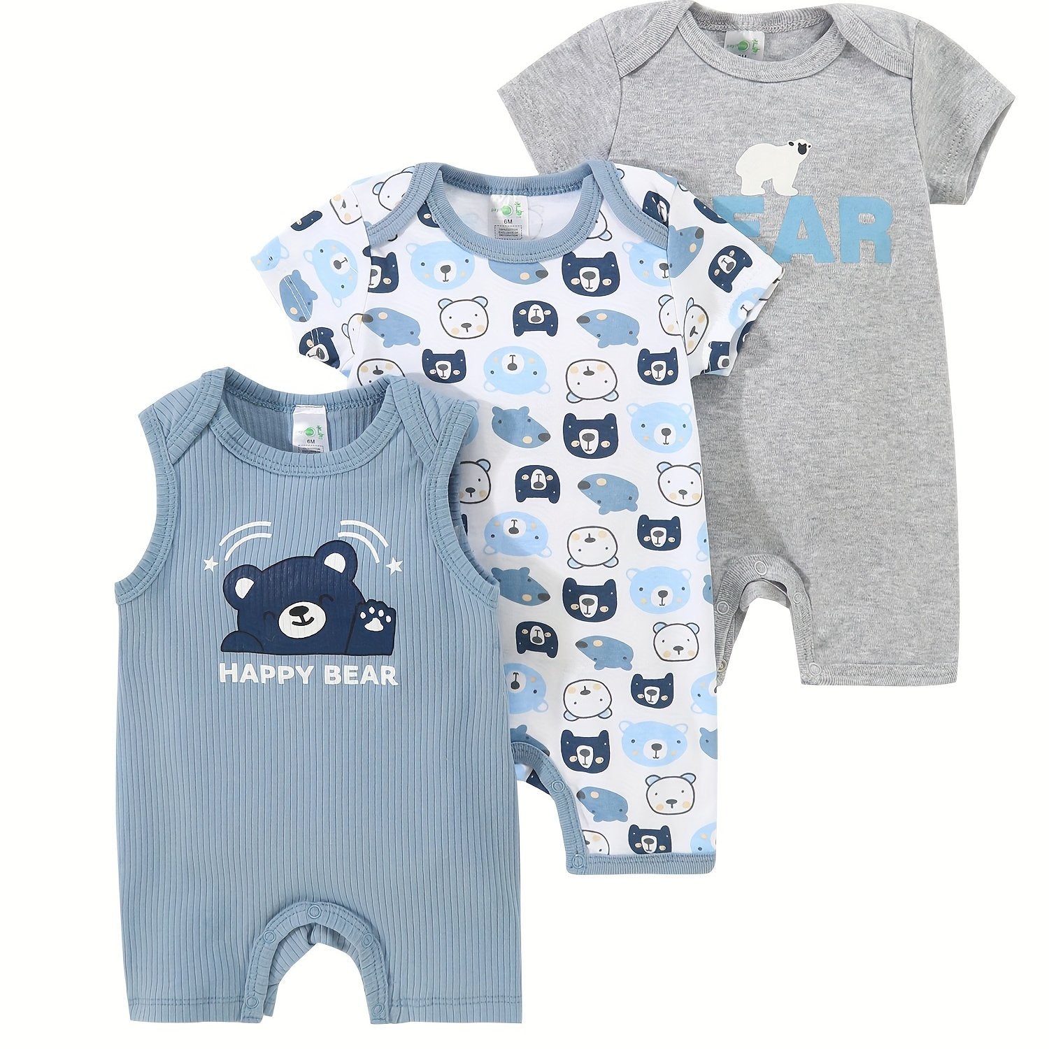 Newborn Baby Boys Bodysuits 3-Pack Animal Bear Print Cotton All-Season