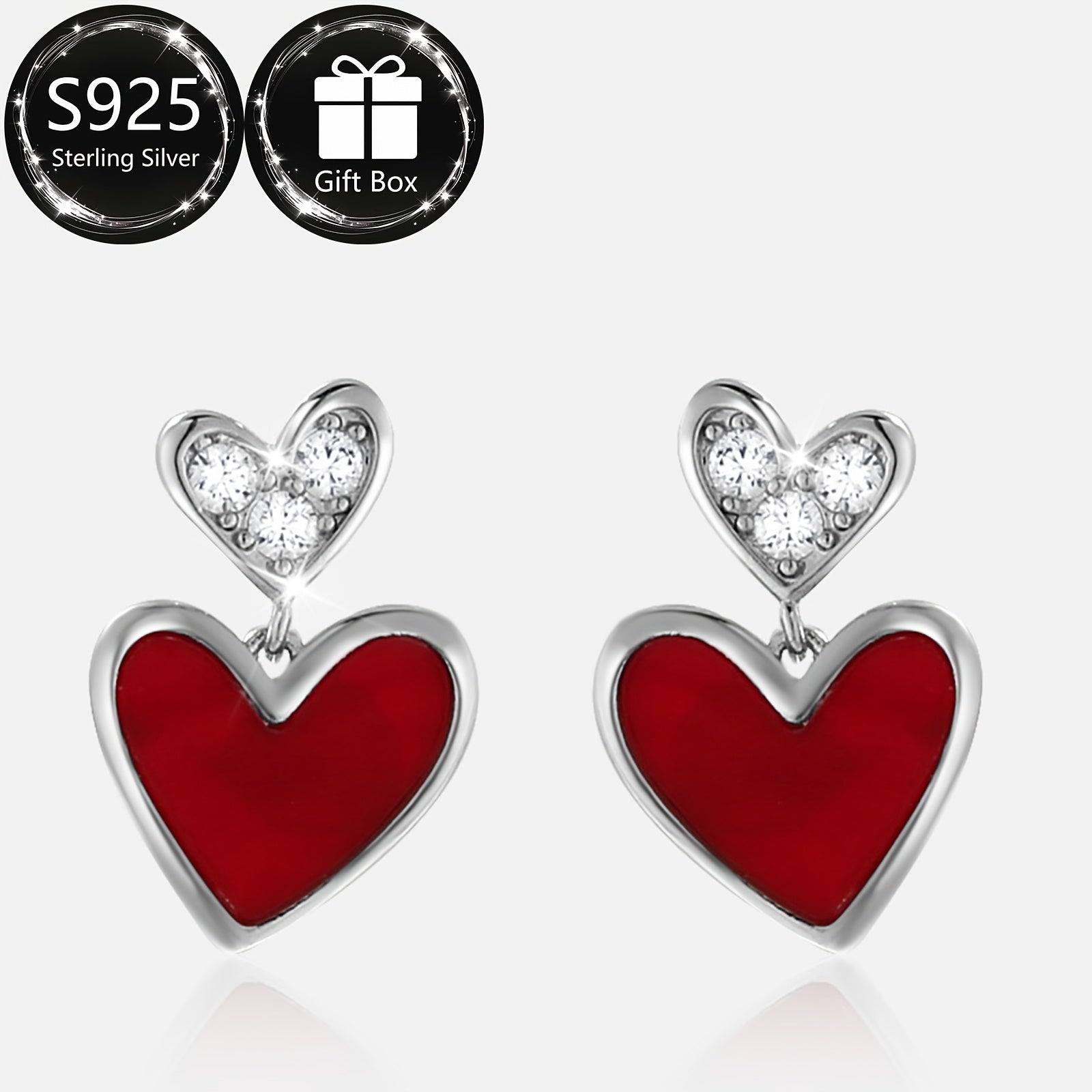 Sterling Silver Heart Earrings with Synthetic Zirconia for Women