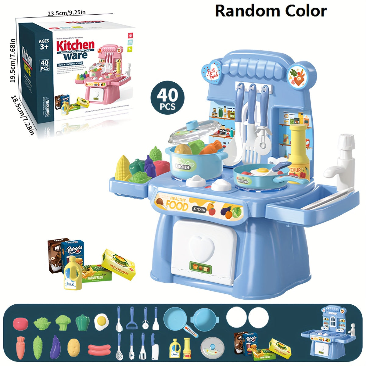 Pink Kids Play Kitchen Set for Ages 3 Plus with Realistic Food and Sink Educational Toy