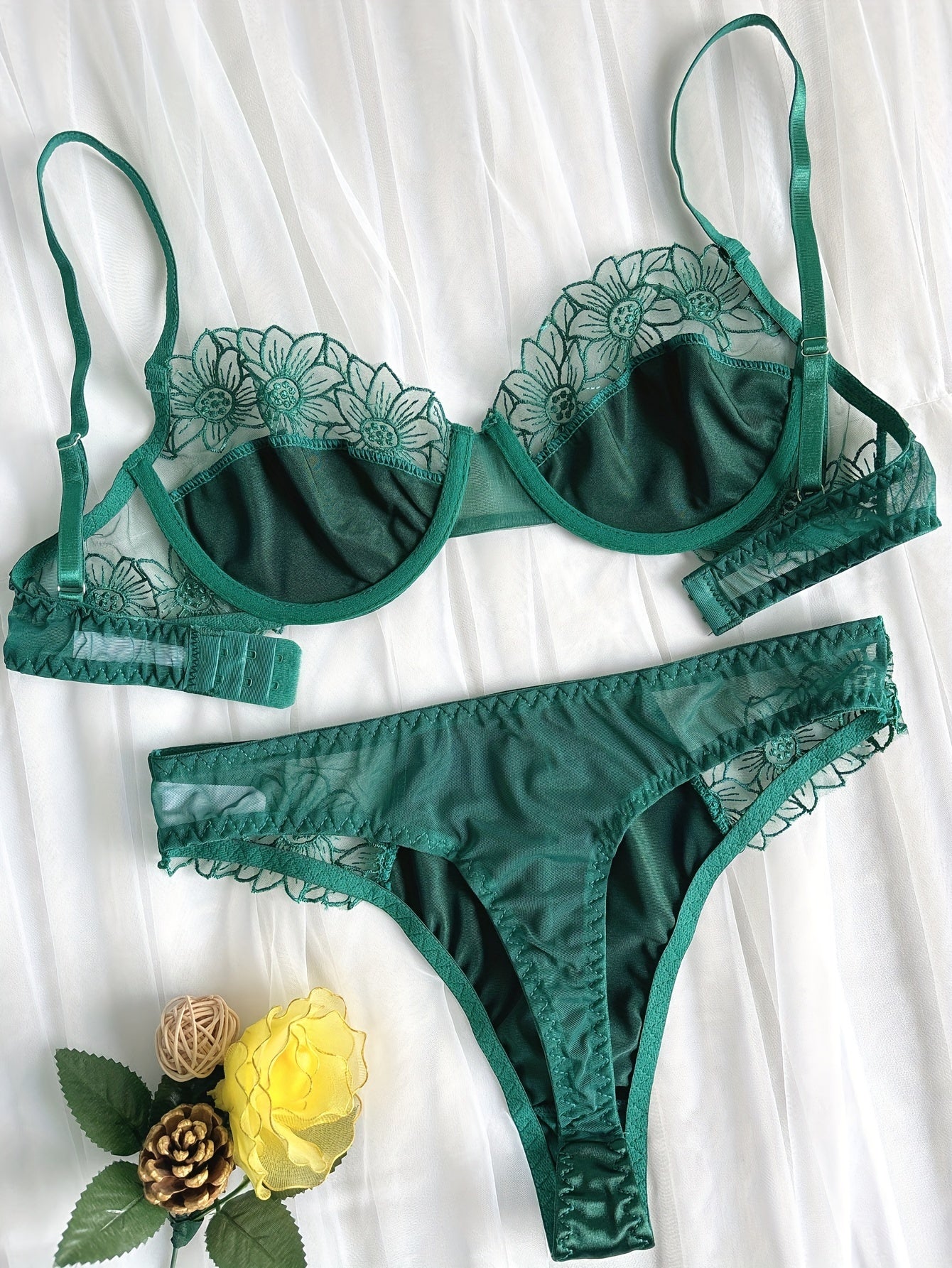 Women's Floral Embroidered Lingerie Set with Push-Up Bra and Thong
