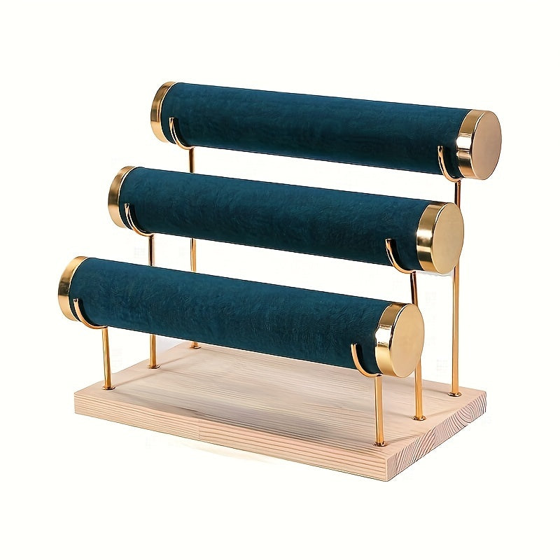 Стильная трехъярусная подставка для украшений в золотистом оттенке с деревянной основой для часов и аксессуаров