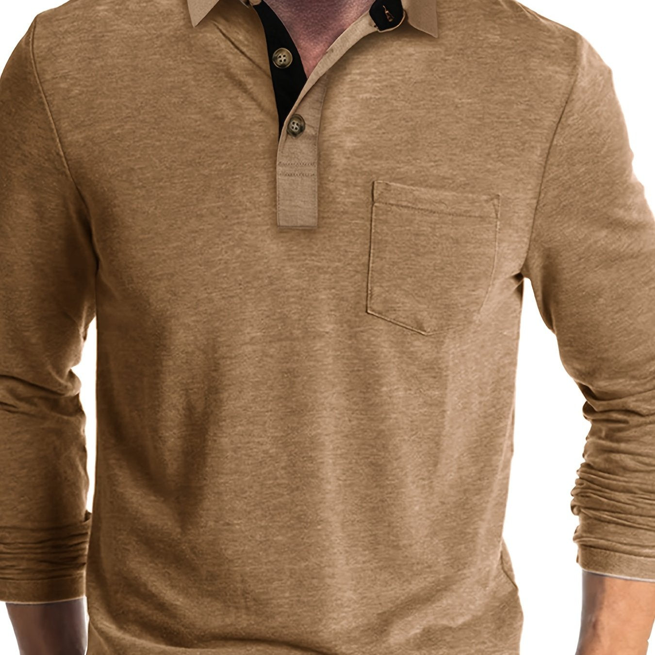 Men's Plus Size Brown Long Sleeve Shirt with Chest Pocket Casual Stretch Fabric