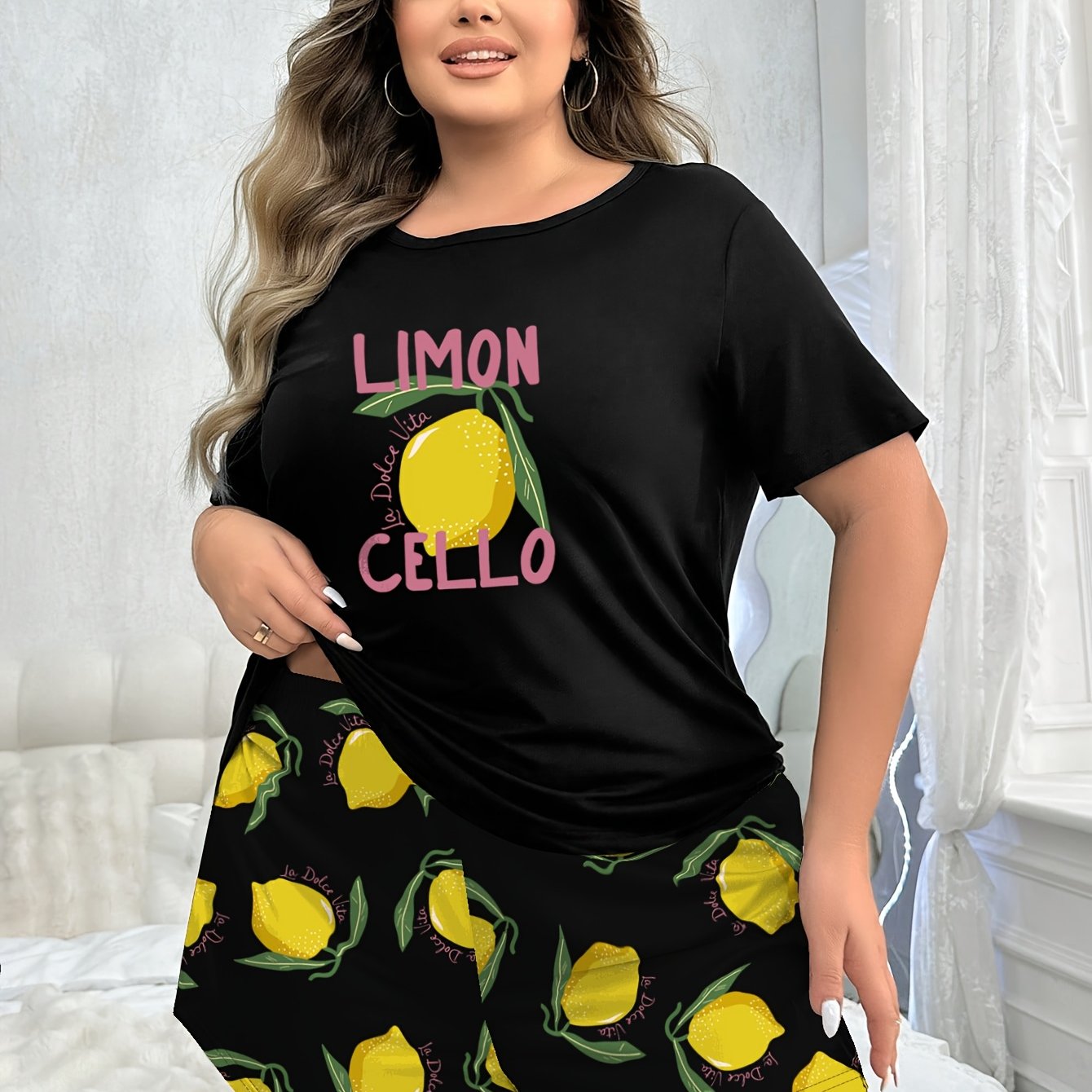 Women Plus Size Pajama Set Black Lemon Cartoon Short Sleeve Sleepwear