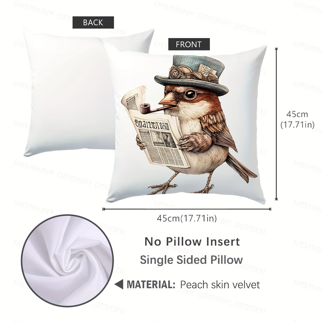 44.96x44.96cm Single-Sided Printed Cushion Cover Smoking Robin Retro Style Polyester Zipper Closure Machine Washable for Living Room Sofa Bedroom Decor