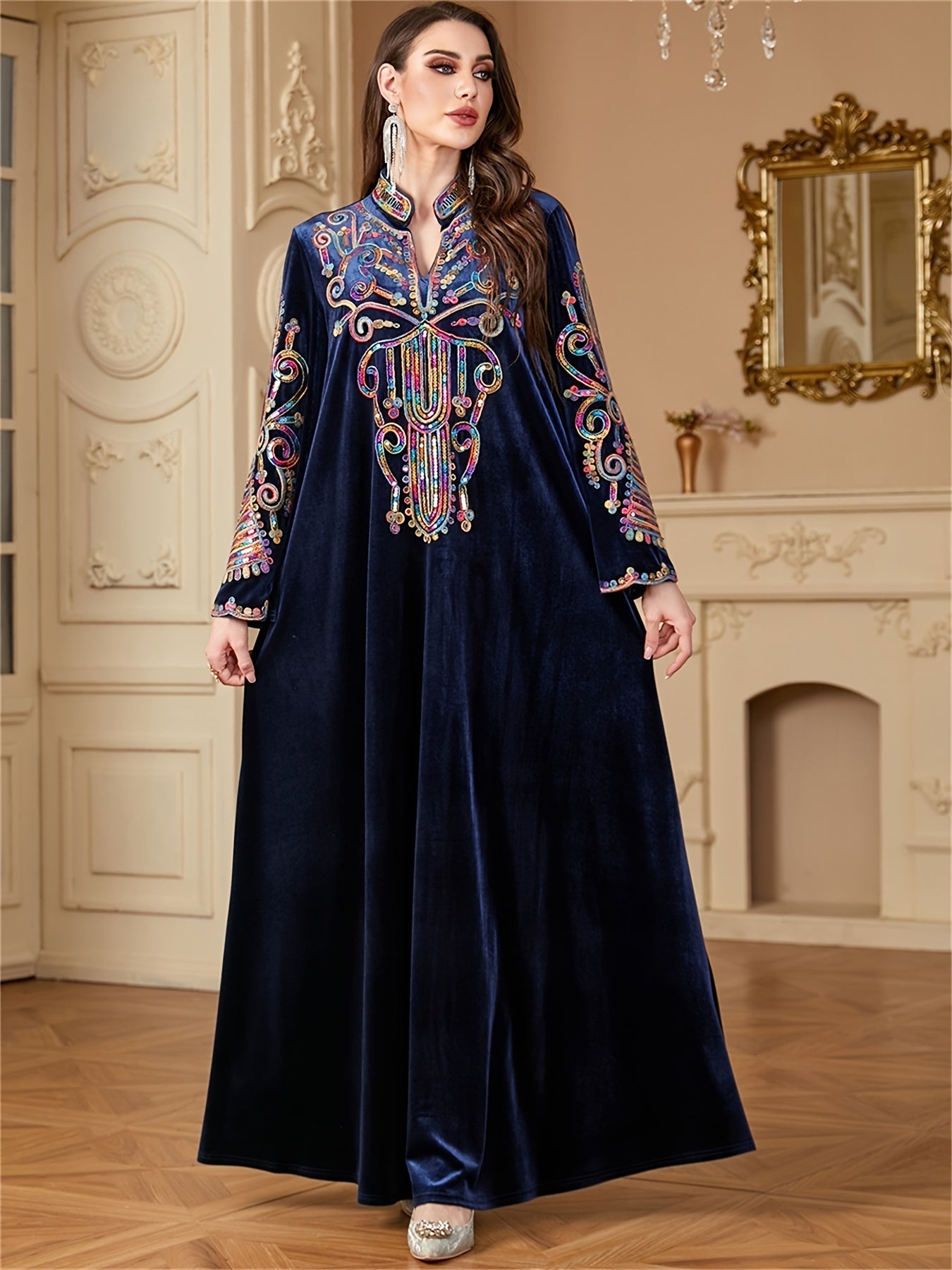 Women’s Dark Blue Sequin Abaya with Floral Patterns Long Sleeve Velvet Maxi Dress for Ramadan and Formal Events