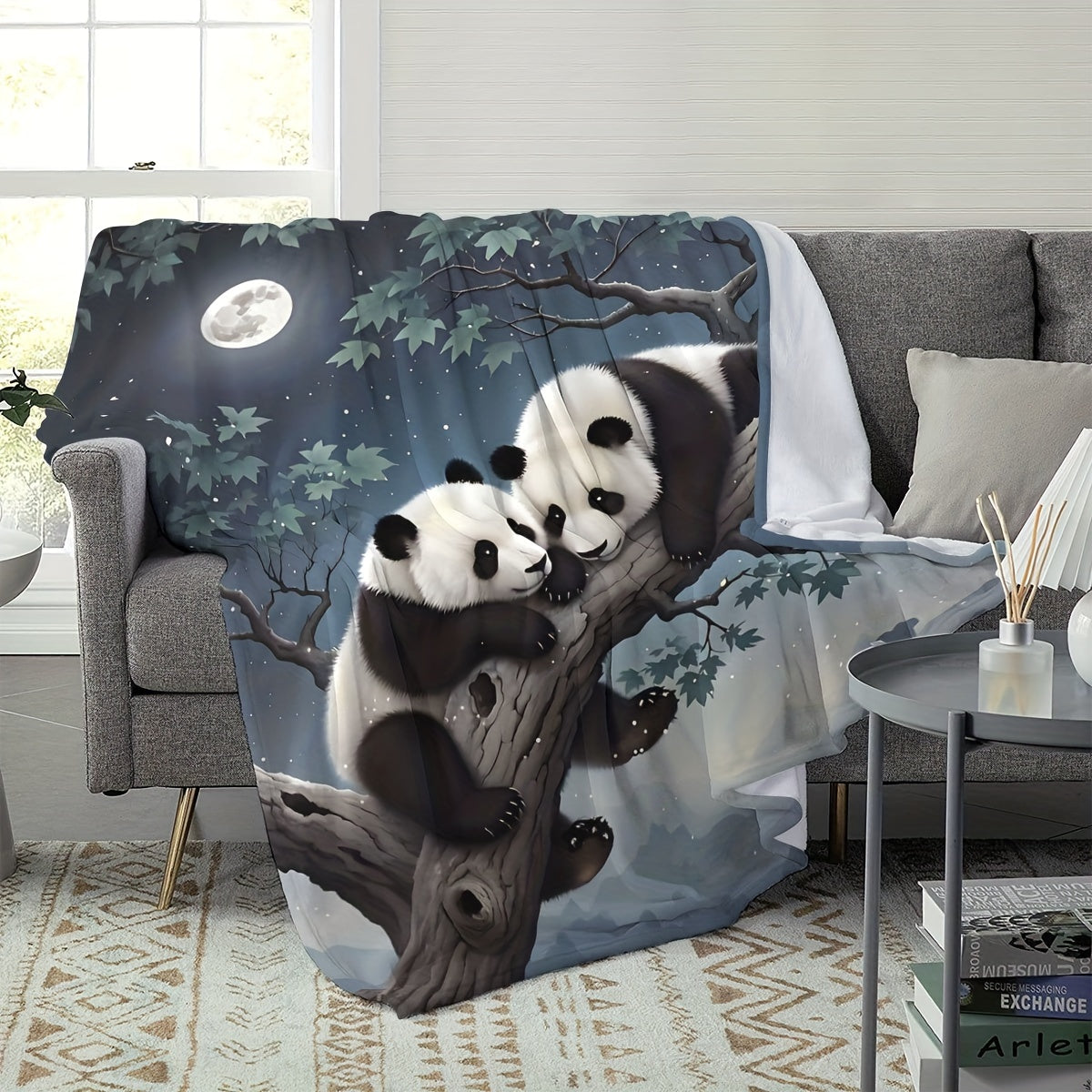Cozy Panda Print Flannel Throw Blanket 100% Polyester Machine Washable