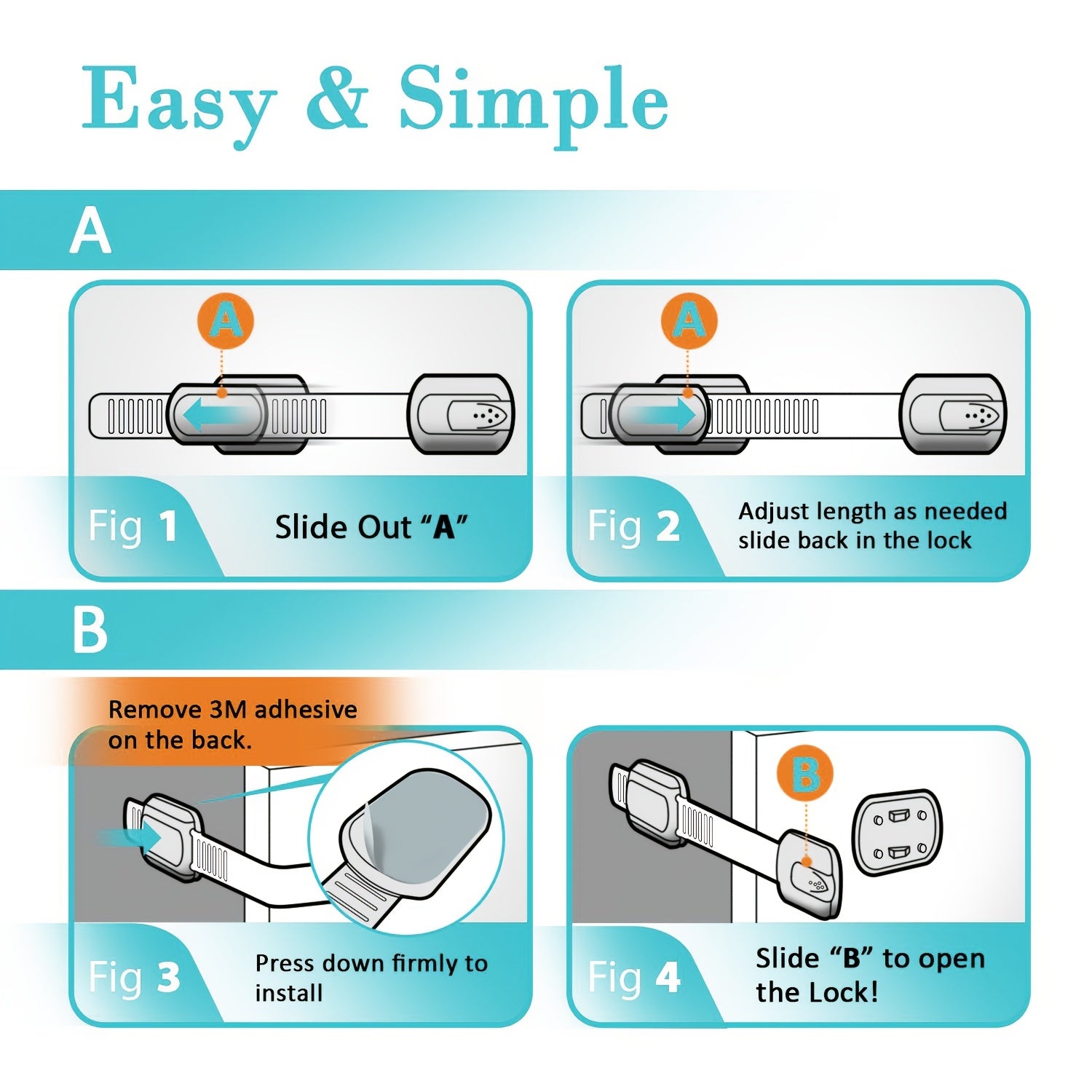 Bolalar xavfsizligi uchun yopishtiruvchi qulflash kamarlar, shkaflar, muzlatgichlar, kir yuvish mashinalari, hojatxona, shkaflar, pech uchun xavfsiz va oson o'rnatiladi
