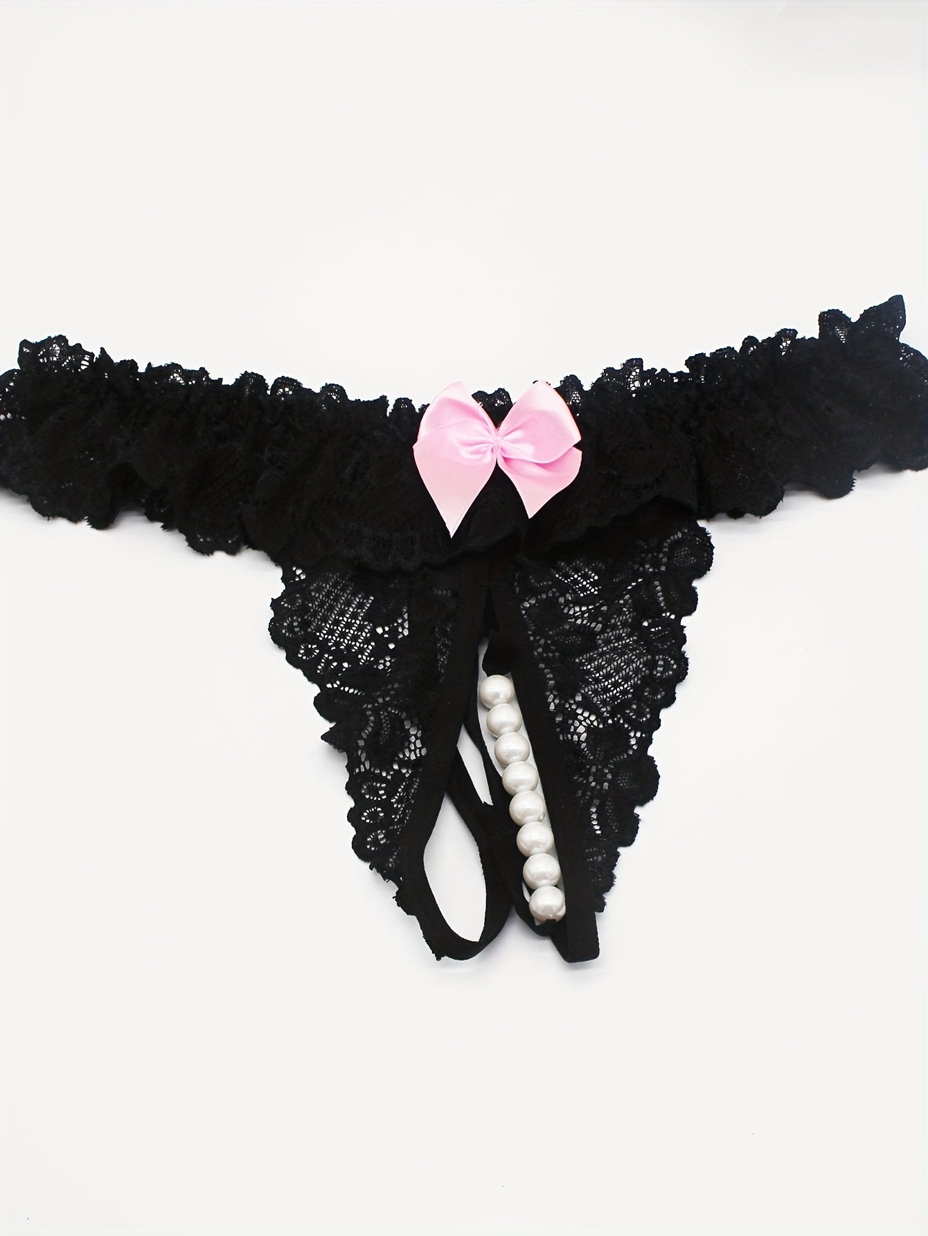 Women's Floral Lace Thong Lingerie with Open Crotch Faux Pearl Panties