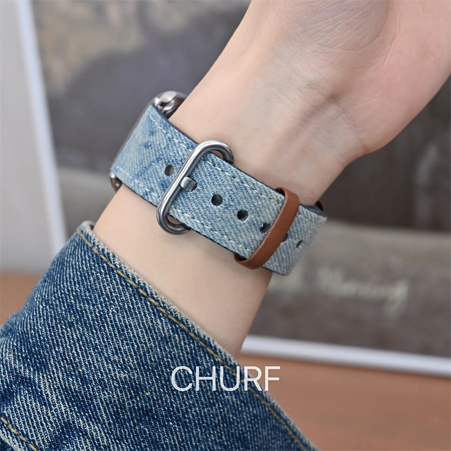 Denim va metalldan tayyorlangan Apple Watch tasmasi, kumush rangli qopqoq bilan, turli xil Apple Watch o'lchamlari va seriyalariga mos keladi, mustahkam va zamonaviy dizayn.