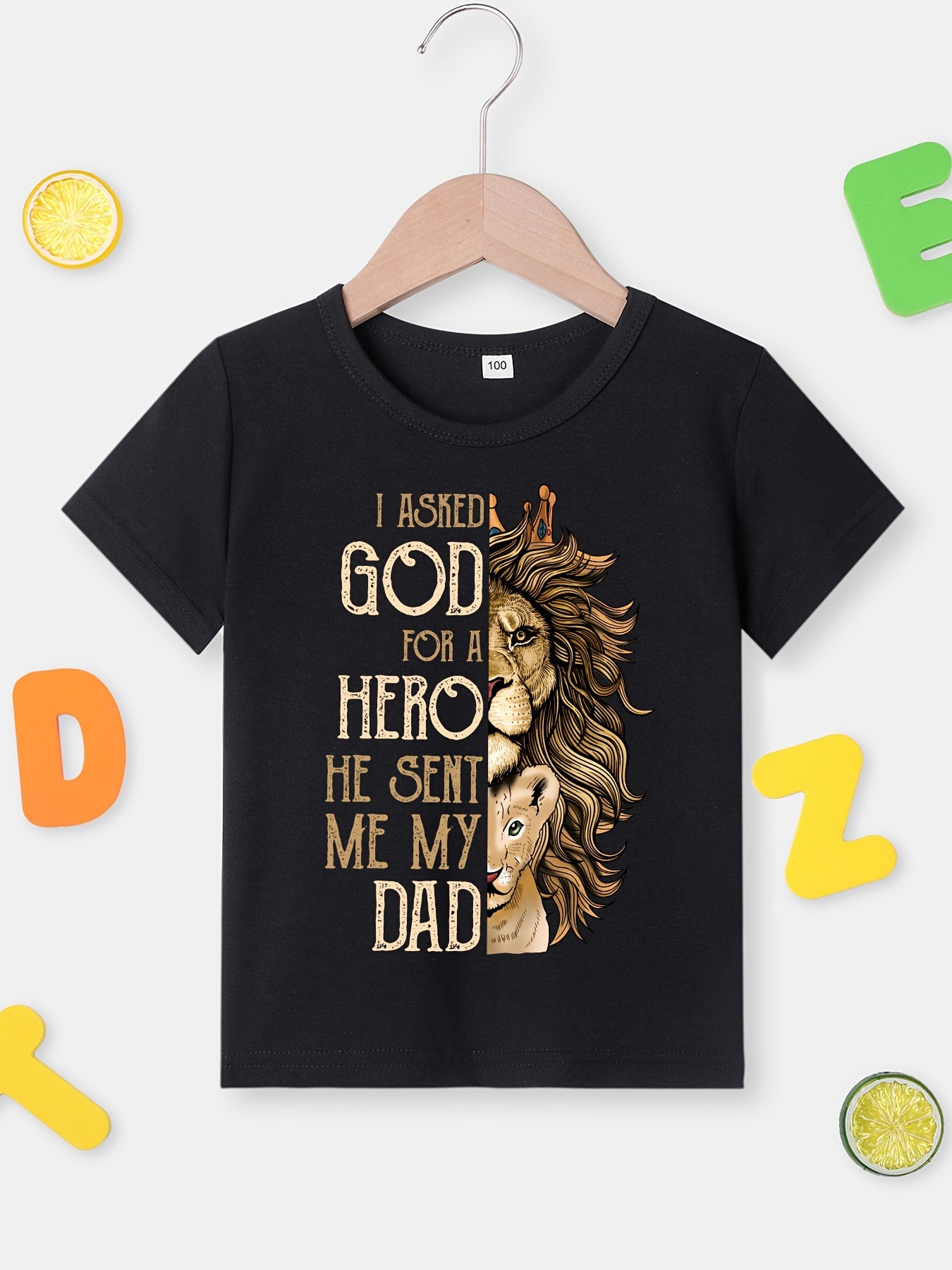 Boy's Summer Lion Print Crew Neck T-Shirt with Alphabet Pattern
