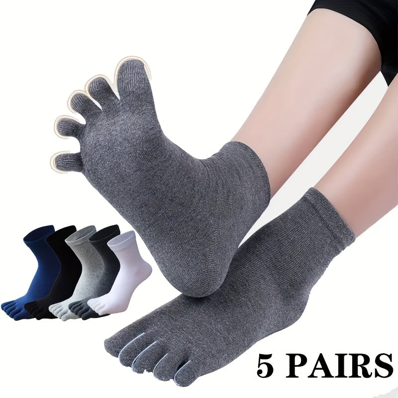 Men's Solid Color Mid-Tube Five-Finger Breathable Cotton Socks 5 or 10 Pairs
