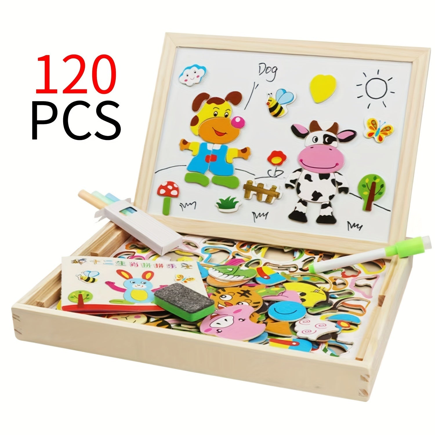 Children's Wooden Puzzle Set with Paintbrush and Chalkboard Educational Toys for Kids Age 3+