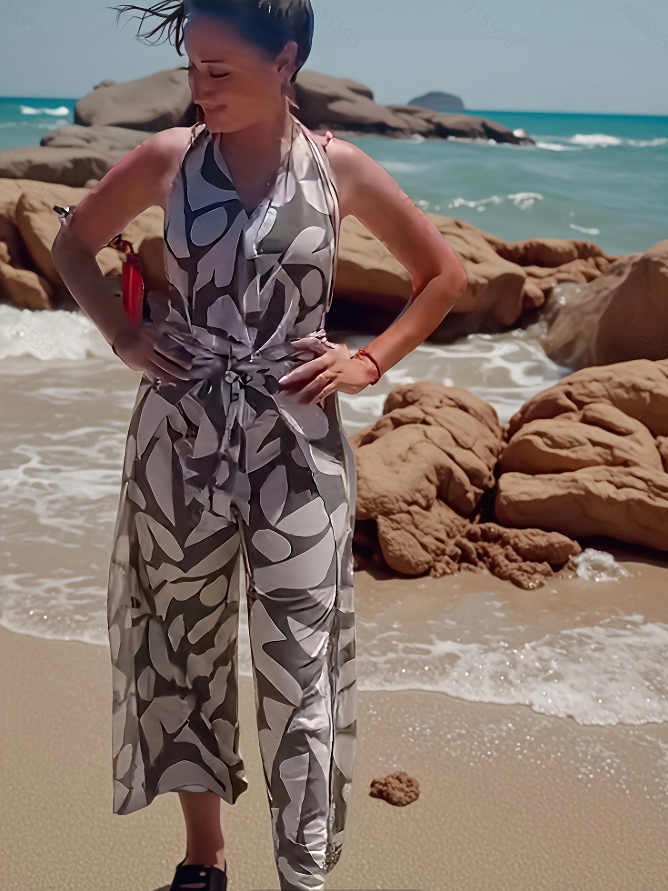 Women Geometric Print Beach Pants Loose Fit Wide-Leg Harem Culottes