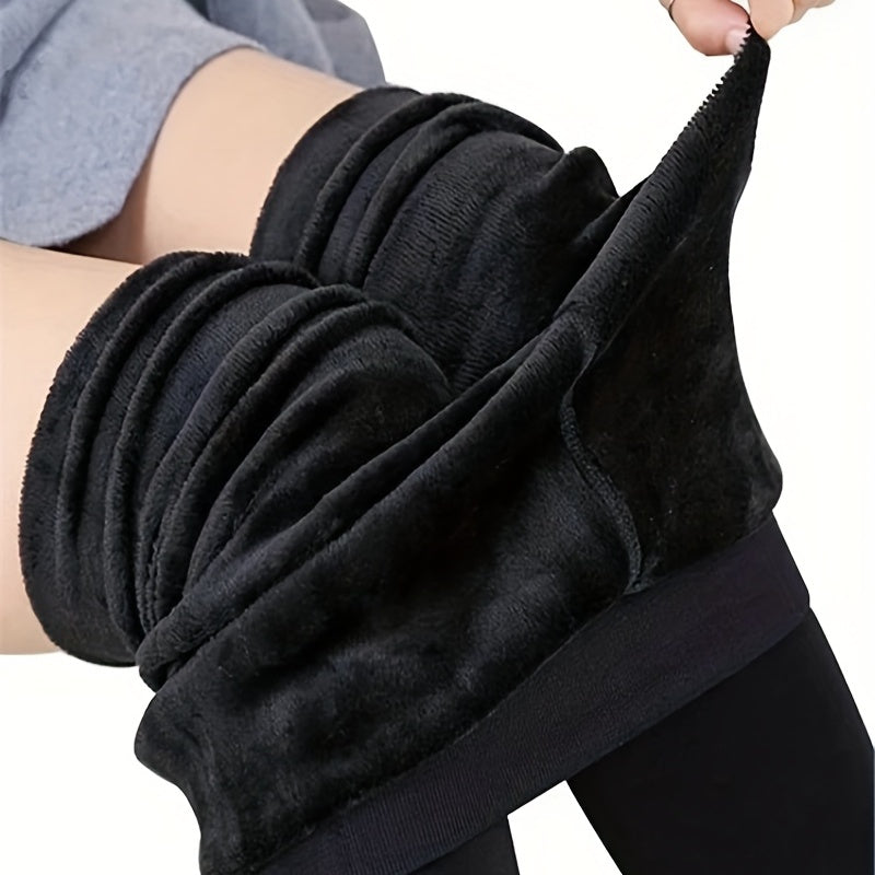 Leggings de terciopelo de perlas con forro de felpa para mujer, de color sólido, con tela de punto elástico y cálido