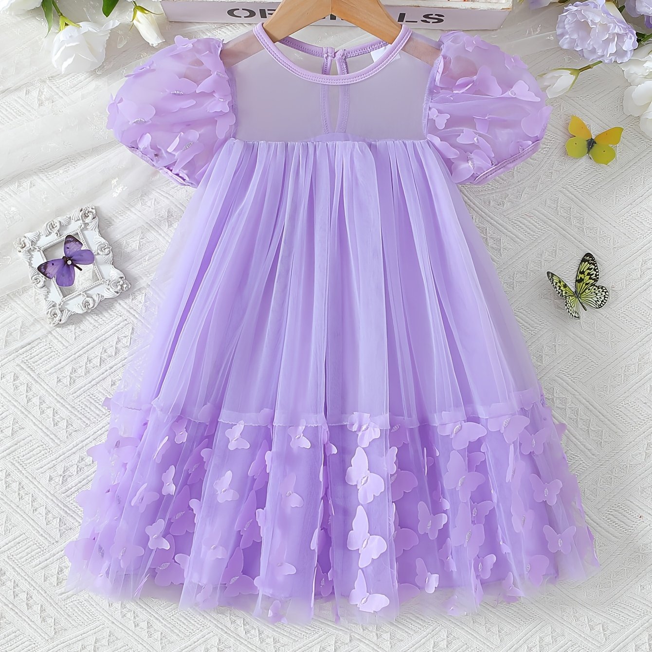 Girls' Spring Summer Princess Dress with 3D Butterfly Detail Short Puff Sleeve Flared Hollow Design