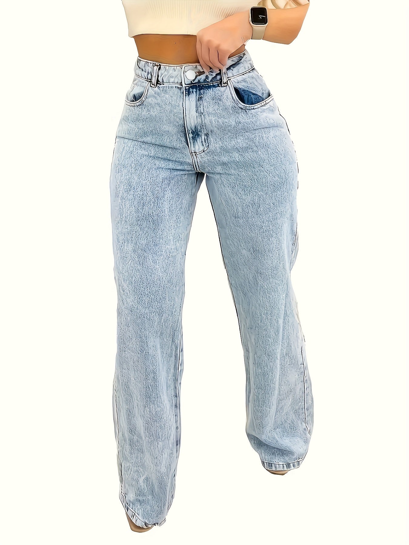 Women's Plus Size High-Waist Straight-Leg Jeans Stretch Denim Light Blue Casual