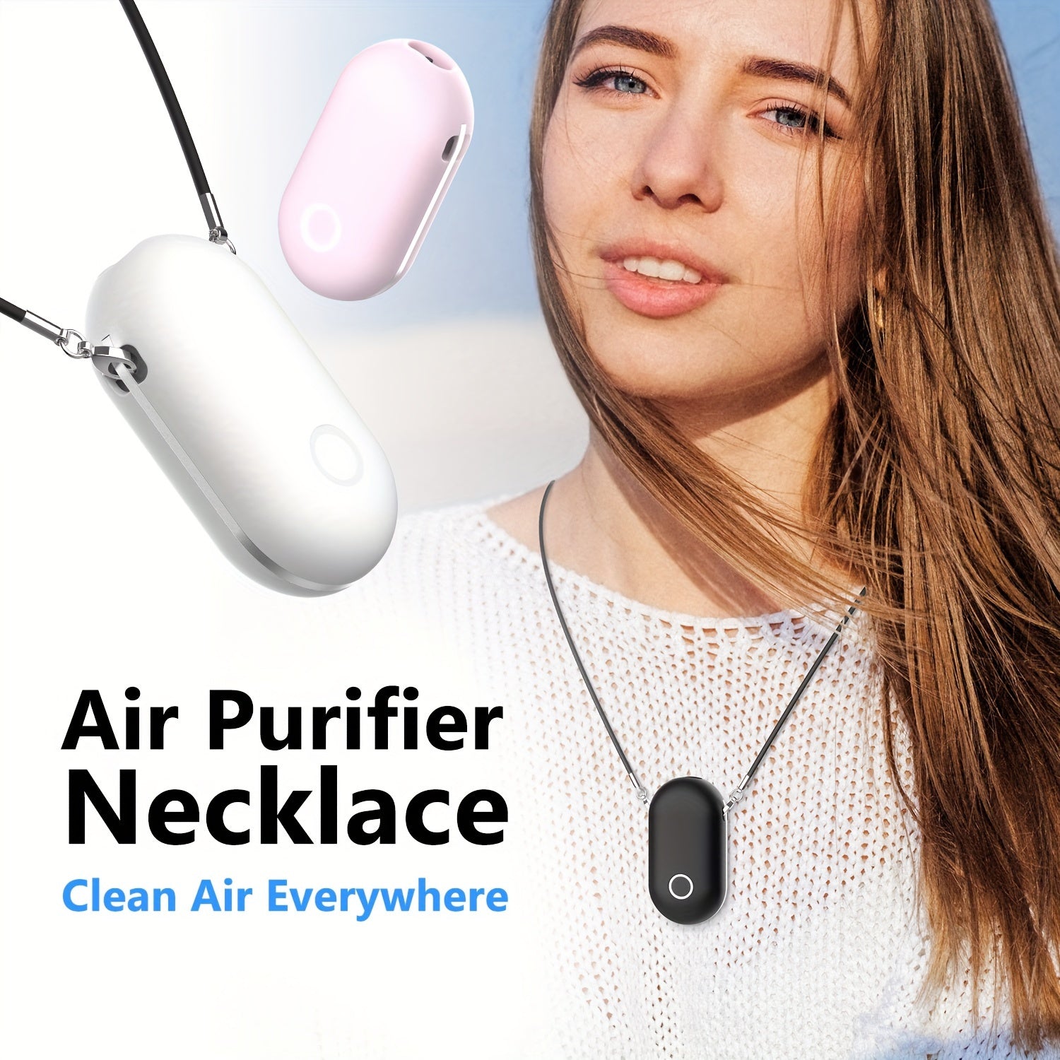 Wearable Air Purifier Necklace Rechargeable Ionic Negative Air Cleaner for Travel Home Car Pink White